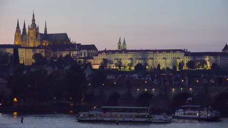 Beautiful-sunset-establishing-shot-of-the-Charles-Bridge-over-the-Vltava-River-in-Prague-Czech-Republic-2