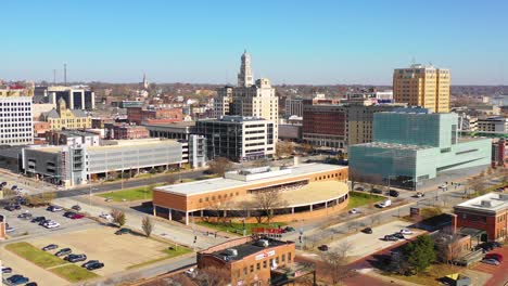 Good-drone-aerial-establishing-shot-of-Davenport-Quad-Cities-Iowa-and-the-Mississippi-River-foreground-3