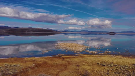 Beautiful-and-inspiring-nature-drone-vista-aérea-over-Mono-Lake-in-winter-with-perfect-reflection-tufa-outcropping-in-the-Eastern-Sierra-Nevada-mountains-in-California-1