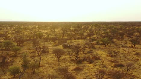 Antenne-Eines-Safari-Jeeps,-Der-Auf-Den-Ebenen-Afrikas-Im-Erindi-Wildreservat-In-Namibia-Reist,-Mit-Einheimischem-San-Tribal-Spotter-Führer,-Der-Auf-Der-Vorderseite-Sitzt-Und-Wildtiere-Beobachtet-7