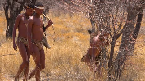 San-tribal-bushman-hunters-in-Namibia-Africa-walk-quiety-sniff-the-air-and-sample-the-soil-for-wind-direction-hunting-for-prey-4
