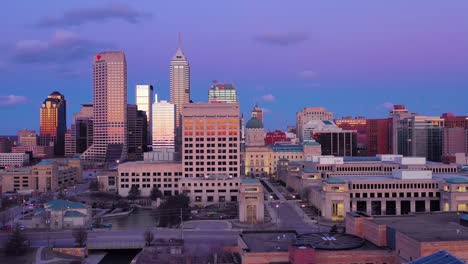 Nice-drone-aerial-of-downtown-Indianapolis-Indiana-at-dusk-or-night