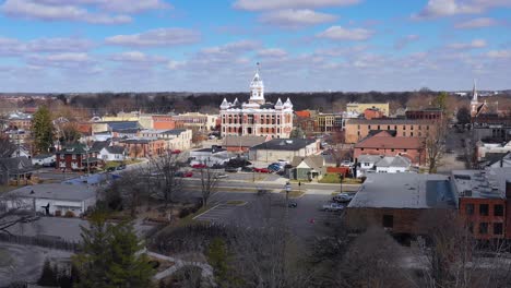 Aerial-over-Franklin-Indiana-a-quaint-all-American-Midwest-town-with-pretty-central-courthouse