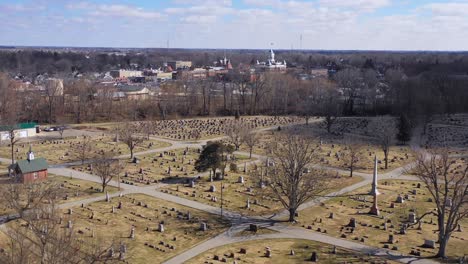 Aerial-over-cemetery-in-Franklin-Indiana-a-quaint-all-American-Midwest-town-with-pretty-central-courthouse