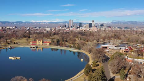 Good-aerial-of-downtown-Denver-Colorado-skyline-from-large-lake-at-City-Park-3