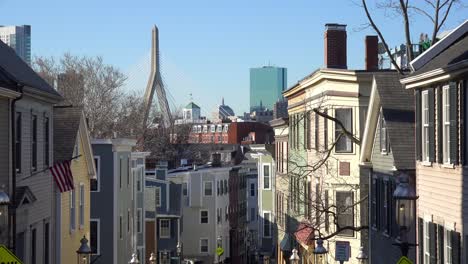 Establishing-shot-of-apartments-and-streets-on-Bunker-Hill-Boston-Massachusetts-with-Leonard-P-Zakim-Bunker-Hill-Memorial-Bridge-background-4