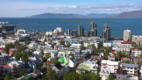 High-angle-establishing-shot-over-downtown-Reykjavik-Iceland-homes-and-apartments