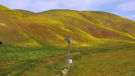 Antena-De-Un-Molino-De-Viento-Que-Sopla-En-Una-Ladera-De-California-Cubierto-De-Flores-Silvestres-Durante-Superbloom