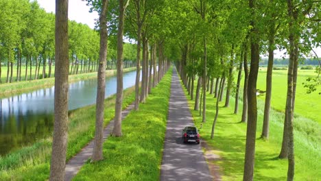 Aerial-through-treetops-of-a-car-driving-along-a-canal-in-Belgium-Holland-Netherlands-or-Europe-1