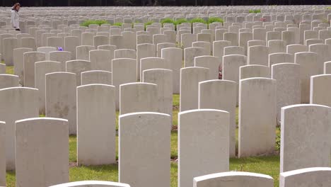 A-woman-in-a-white-coat-looks-at-headstones-of-the-Etaples-France-World-War-cemetery-military-graveyard