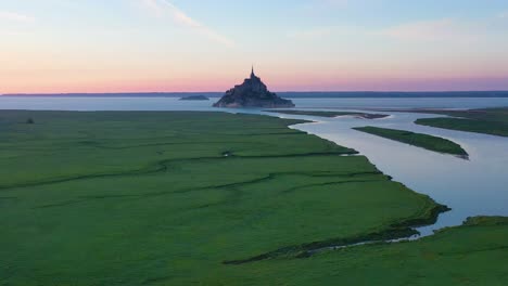 Aerial-of-Mont-Saint-Michel-France-at-dusk-a-classic-French-landmark