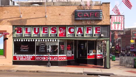 Establishing-shot-by-day-of-the-Blues-Cafe-restaurant-on-Beale-Street-Memphis-Tennessee