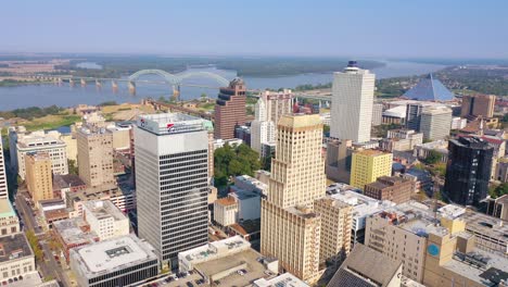 Good-aerial-of-downtown-Memphis-Tennessee-high-rises-skyscrapers-businesses-skyline-stadium-and-Mississippi-River-1