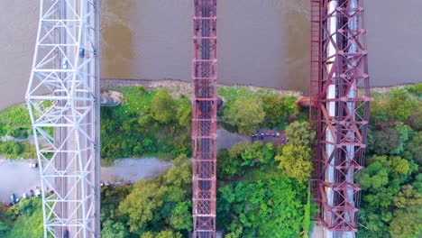 Bird's-eye-straigfht-down-aerial-of-landmark-three-steel-bridges-over-the-Mississippi-Rive