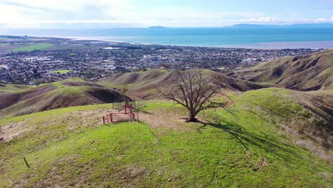 2020---aerial-over-the-pacific-coastal-green-hills-and-mountains-behind-Ventura-California-including-Two-Trees-landmark-6