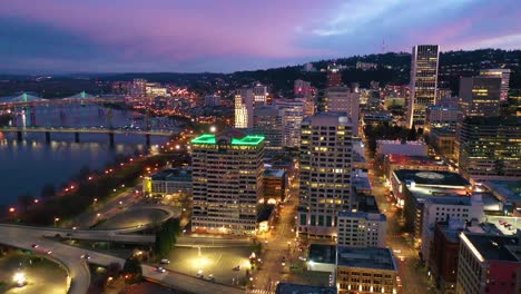High-angle-of-downtown-business-district-Portland-Oregon-at-night