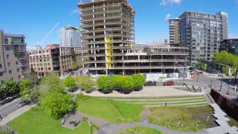 A-rising-shot-from-a-downtown-park-reveals-central-business-district-of-Portland-Oregon