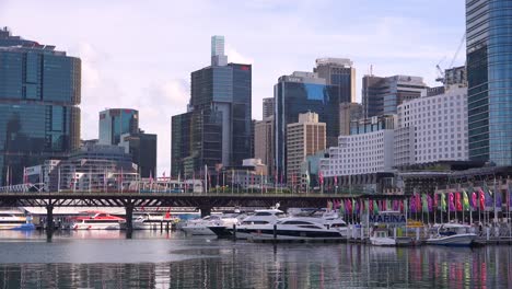 Establishing-shot-of-Sydney-Harbor-marina-and-downtown-office-towers-and-buildings