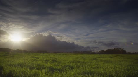 Sonnenuntergang-Hinter-Grünen-Feldern-Auf-Der-Hawaiianischen-Insel-Molokai