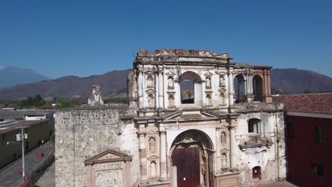 A-rising-aerial-of-the-Colegio-de-San-Lucas-of-the-Society-Of-Jesus-church-in-Antigua-Guatemala-destroyed-by-earthquakes
