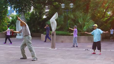 Los-Ancianos-Chinos-Practican-Tai-Chi-En-Un-Parque-Temprano-En-La-Mañana-En-Hong-Kong,-China-4