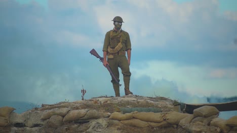 A-Man-Reenacts-A-Scene-From-World-War-One-Ww1-Standing-On-A-Bunker-On-The-Battlefield