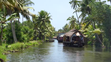 Las-Casas-Flotantes-Viajan-En-Los-Remansos-De-Kerala,-India