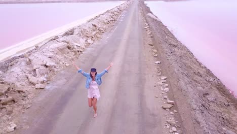 Increíble-Antena-Sobre-Una-Mujer-Trotando-O-Corriendo-En-Una-Colorida-Región-Rosada-Del-Salar-En-Namibia,-África-2