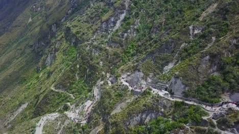 Aerial-shot-stairs-staircase-down-to-Quilotoa-Ecuador-caldera-in-the-Andes-Mountains