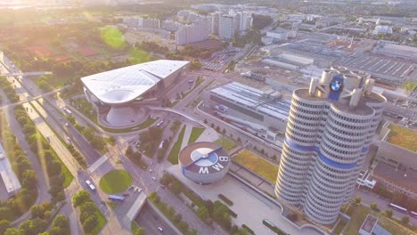 High-stationary-aerial-establishing-shot-of-BMW-headquarters-in-Munich-Germany