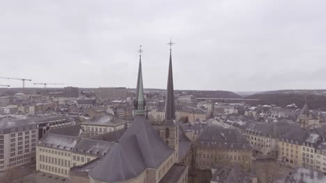 Aerial-over-church-and-cityscape-establishing-of-downtown-Luxembourg-City