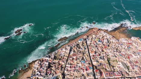 High-Aerial-Over-The-Ancient-City-Of-Essaouira-Morocco-With-Ramparts-And-Medina-1