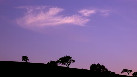 Ein-Lila-Himmel-Bei-Sonnenuntergang-Mit-Bäumen-Auf-Einem-Kamm,-Der-In-Dieser-Wunderschönen-Naturansicht-Von-Zentralkalifornien-Umrandet-Ist