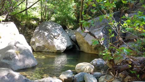 Slow-Vista-Aérea-Around-A-Waterfall-And-Stream-Pool-Water-Flowing-In-Santa-Ynez-Mountains-California