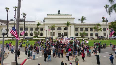 Aerial-Shot-Of-Chumash-American-Indian-Protest-Against-Father-Junipero-Serra-Statue-In-Front-Of-City-Hall-Ventura-California