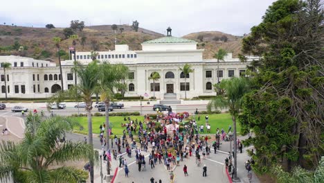 Aerial-Shot-Of-Chumash-American-Indian-Protest-Against-Father-Junipero-Serra-Statue-In-Front-Of-City-Hall-Ventura-California-1