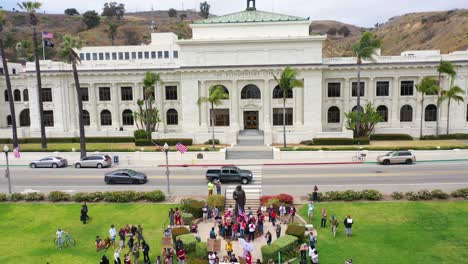 Aerial-Shot-Of-Chumash-American-Indian-Protest-Against-Father-Junipero-Serra-Statue-In-Front-Of-City-Hall-Ventura-California-2
