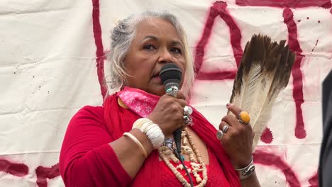 American-Indian-Woman-Speaks-At-Chumash-Native-American-Protest-Against-Father-Junipero-Serra-Statue-In-Front-Of-City-Hall-Ventura-California-1