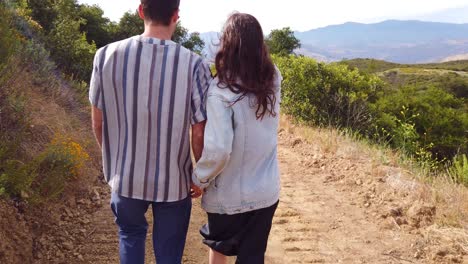 A-Man-And-Woman-Walk-Hand-In-Hand-With-Their-Dog-In-The-Mountains-Of-California-In-Slow-Motion