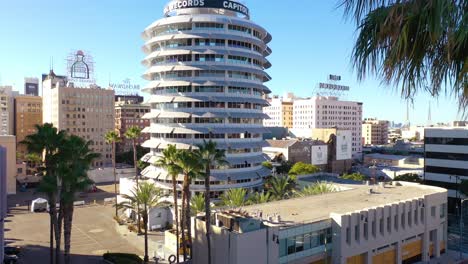 Aerial-Of-The-Capitol-Records-Building-A-Hollywood-Los-Angeles-Landmark