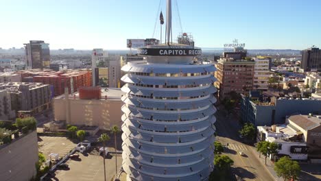 Aerial-Of-The-Capitol-Records-Building-Landmark-And-Downtown-Hollywood-And-Los-Angeles-California