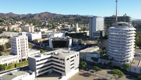 Aerial-Of-The-Hollywood-Hills-Includes-Capitol-Records-Building-Griffith-Park-Observatory-And-The-Hollywood-Freeway