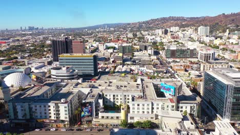 Aerial-Of-Downtown-Hollywood-California-With-Century-City-And-West-Hollywood-Distant