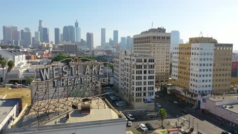 Aerial-Of-Westlake-Theater-Sign-And-Downtown-Los-Angeles-From-Wilshire-District-Near-Macarthur-Park-1