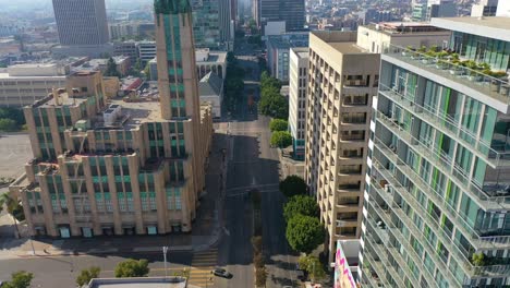 Aerial-Of-Wilshire-Blvd-In-Los-Angeles-Passing-The-Bullocks-Wilshire-Art-Deco-Building-1