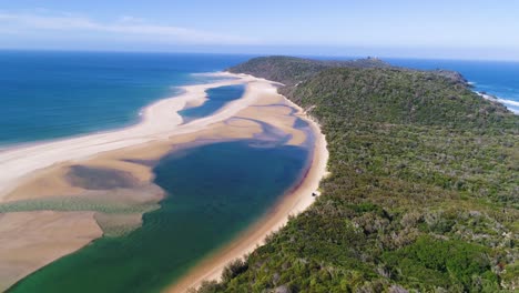 An-Aerial-View-Shows-The-Mountains-And-Beaches-Of-Double-Island-Point-In-Queensland-Australia