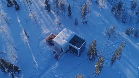 Eine-Luftaufnahme-Zeigt-Bäume-Und-Wohnungen-Der-Schneebedeckten-Nordlichtranch-In-Kongas-Finnland-1