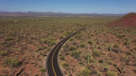 Aerial-of-a-motorcycle-on-a-desert-highway-road-with-Saguaro-cactus-all-around-1