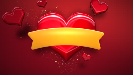 Animation-closeup-motion-big-romantic-heart-and-small-hearts-on-red-Valentines-day-shiny-background