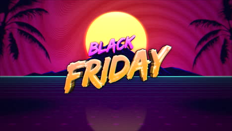 Animation-intro-text-Black-Friday-and-mountain-with-tropic-palms-retro-background